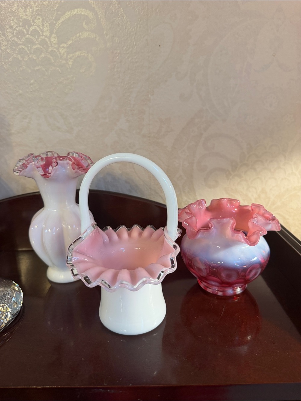 Fenton Pink and White Ruffled Glass Basket, coin dot  Vase